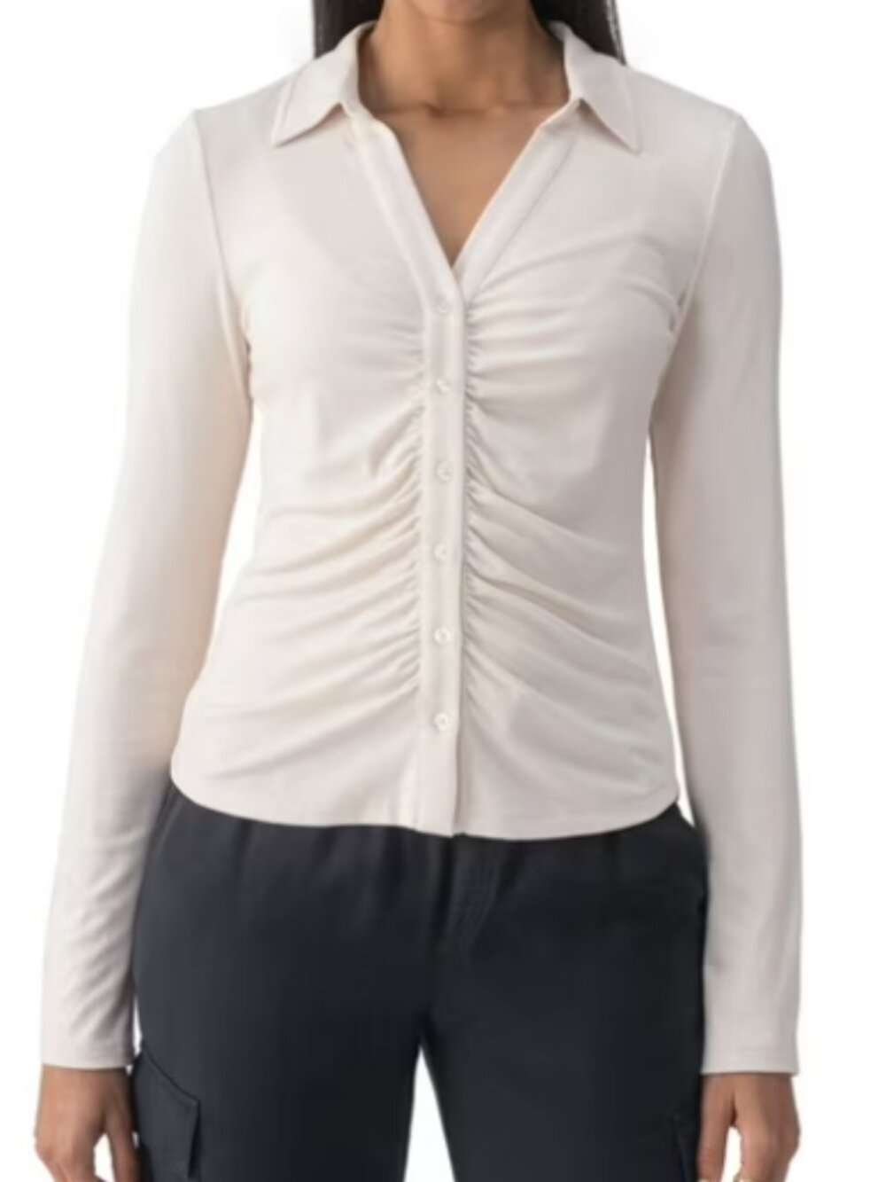 2 By Design Ruched Button-up Top - Pink and White